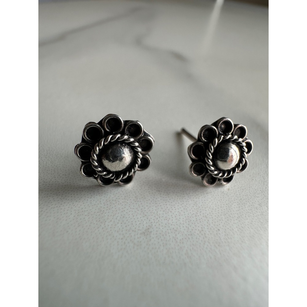 Taxco 925 Sterling Silver Flower Rosette Stud Earrings Vintage Mexico Floral